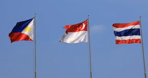 National Flags of ASEAN countries behind the sky in Ho Chi Minh panning Stock Footage 147860184
