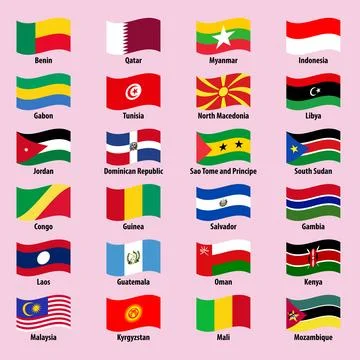 National flags of countries in wavy style on a bright background Illustrazione stock
