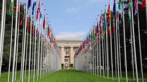 National flags at the entrance in UN office at Geneva, Switzerland . The Unit Stock Footage
