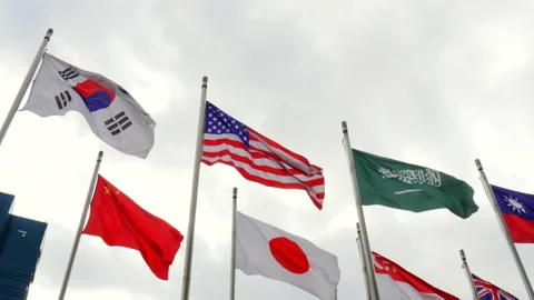 National flags flutter in strong wind Видео 162640689
