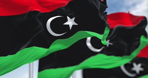 National flags of Libya waving on a clear day. Stock-Footage 299835788