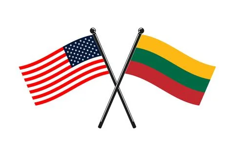 National flags of Lithuania and Usa crossed on the sticks Stock Illustration