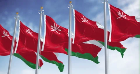 National flags of Oman waving in the wind on a clear day Video stock 329676302
