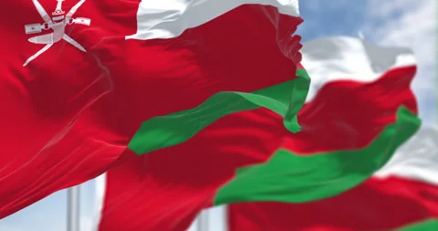 National flags of Oman waving in the wind on a clear day Stock-Footage 334857221