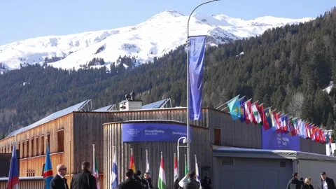 National flags outside the Davos Congress Centre Stock Footage 345283532