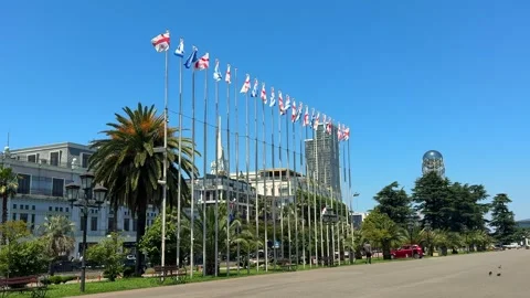 National Flags Row City Square Promenade Modern Buildings Stock Footage 343544541