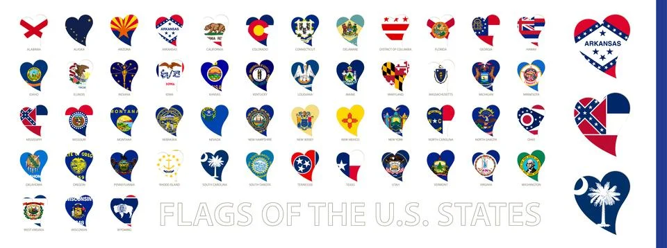 National Flags of US State in Shape of Heart. Heart icon set with the flags.. Stock Illustration
