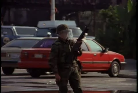 National Guard troops guard against looting during the LA Riots. Stock Footage