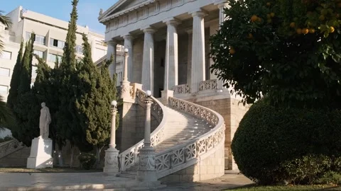 National Library of Greece with marble columns and curved staircase in Athens Stock Footage 286143809