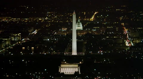 National Mall at night; Lincoln Memorial and Washington Monument with Capitol in Stock Footage 59196058
