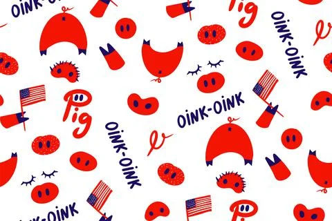 National pig day seamless pattern. Piglet, tails, oink-oink, USA flag Stock Illustration