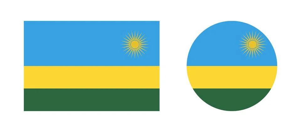 National Rwanda flag rectangular, round flat button, badge, icon collection. Set Stock Illustration