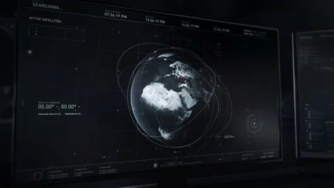 The national security program showing alert sign, three new suspicious satellite Video stock 148896379