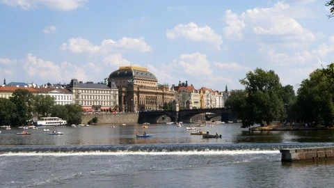National Theatre in Prague and boating on Vltava Stock-Footage 94151663