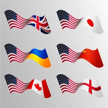 National vector waving flags. USA, Japan, United Kingdom, Ukraine, China, Canada Stock Illustration