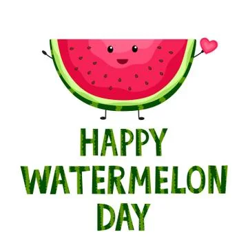 National Watermelon Day. August. Vector. Funny slice with seeds and a heart. Stock Illustration