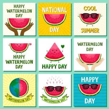 National Watermelon Day. Set of vector greeting cards. Stock Illustration