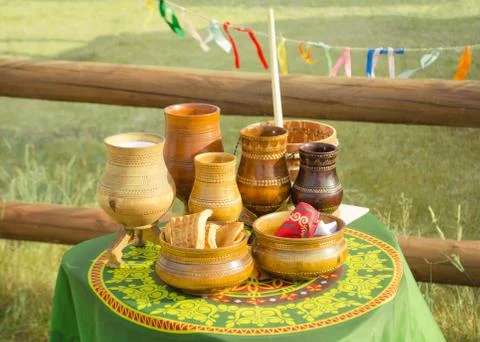 National Yakut dishes and koumiss on table Stock Photos
