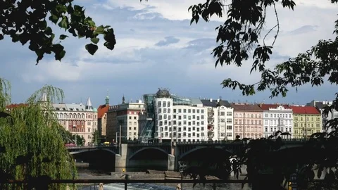 Nationale Nederlanden Building with Vltava River in Prague. Zoom in. Stock Footage