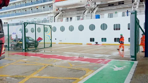 Nationwide Platforms access platform truck on a ferry loading deck at Dover Stock Footage 346798521