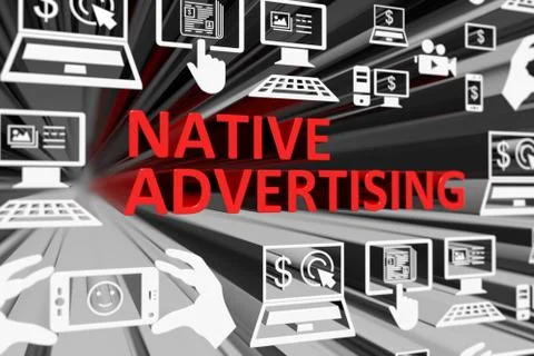 NATIVE ADVERTISING concept blurred background 3d render illustration Stock Illustration