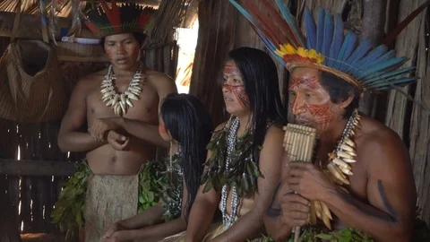 Native Amazonian Indigenous Dessana Tribe People in Authentic Costumes. Stockbeeldmateriaal 121413169