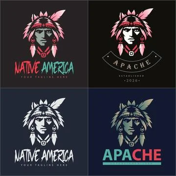 Native American Apache Warrior Mascot Logo Set Vector Illustration Stock Illustration