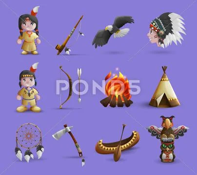Native American Cartoon Icons Stock Illustration