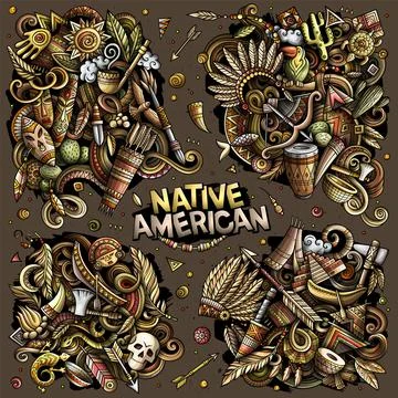 Native American cartoon vector doodle designs set. Illustrazione stock