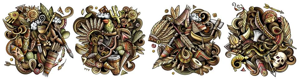 Native American cartoon vector doodle designs set. Stock Illustration