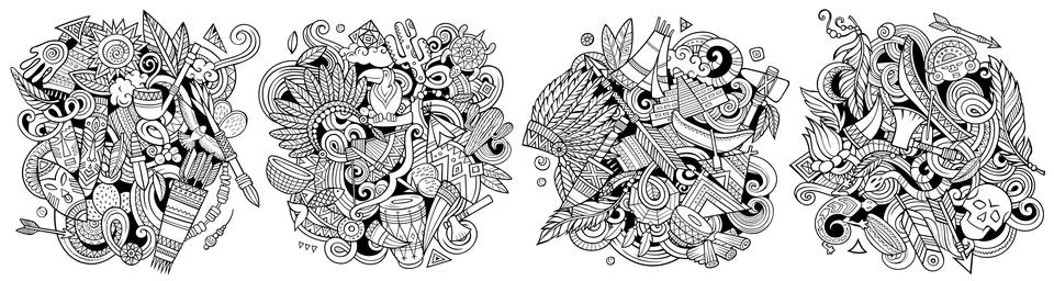 Native American cartoon vector doodle designs set. Stock Illustration