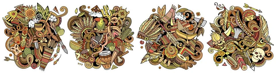 Native American cartoon vector doodle designs set. Stock Illustration