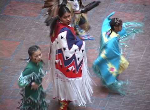 Native American dance &amp; drums 4, men in drum circle, girls dancing Stock Footage 296716254
