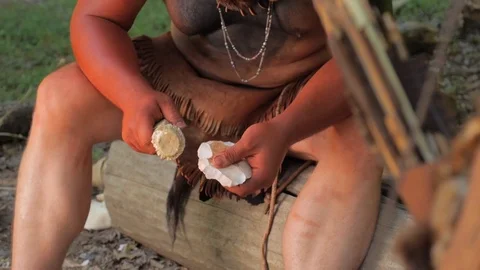 Native American Flint Arrow being sharpened, knapping with primitive tools Stock Footage 81240293