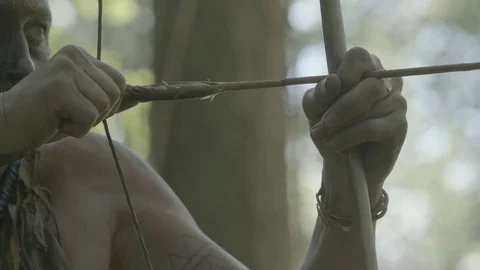 Native American Flint Arrow, drawn with bow Stock Footage 81239078