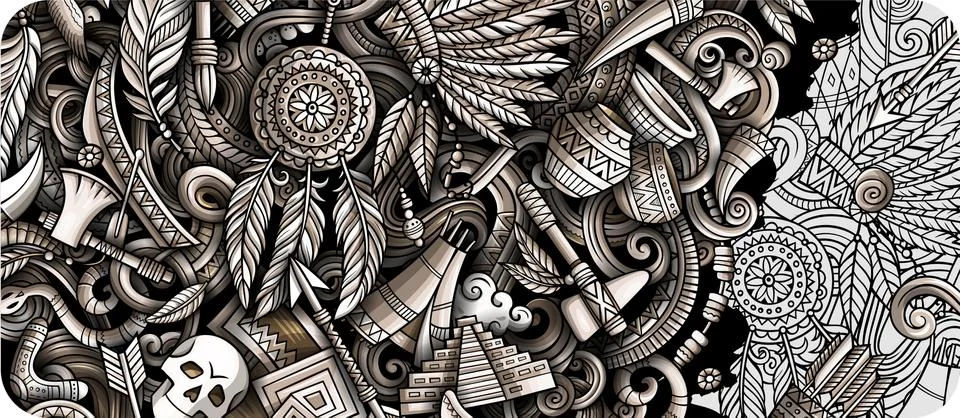 Native American hand drawn doodle banner. Cartoon vector detailed flyer. Stock Illustration