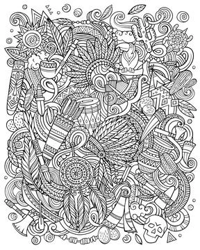 Native American hand drawn raster doodles illustration. Illustrazione stock