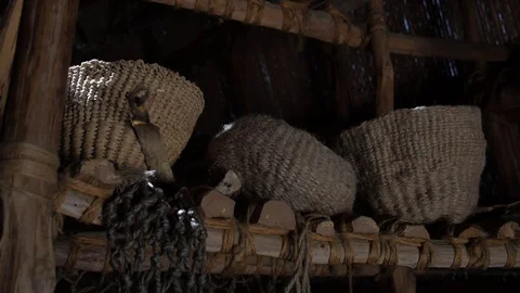 Native American Indian - Baskets in long house Stock Footage 80742585