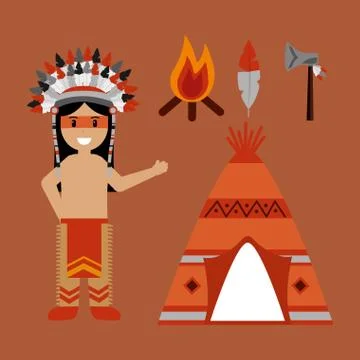 Native american indian character teepee axe and bonfire Stock Illustration