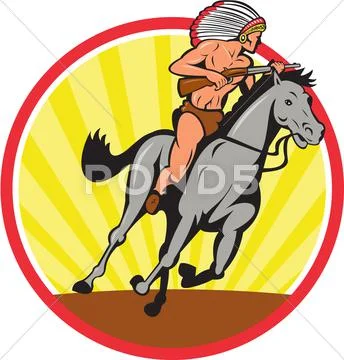 Native american indian chief riding horse Stock Illustration