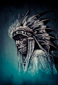 Native american indian head, chief, vintage style Stock Illustration