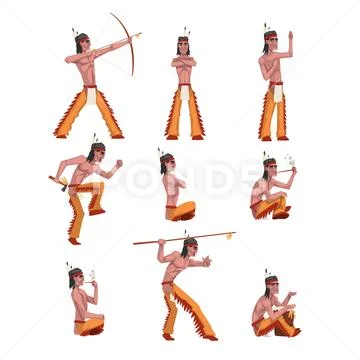 Native American Indian man in different situations set, tribe member in Stock Illustration