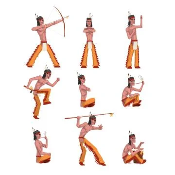 Native American Indian man in different situations set, tribe member in Illustrazione stock