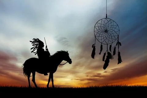 Native American Indian at sunset Stock Illustration