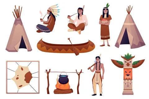 Native American Indian theme and aboriginal people flat vector icon set, teepee Stock-Illustration