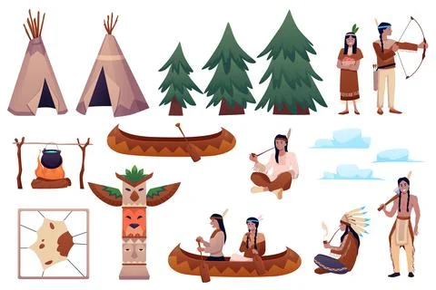Native American Indian theme and aboriginal people flat vector icon set, teepee Stock-Illustration