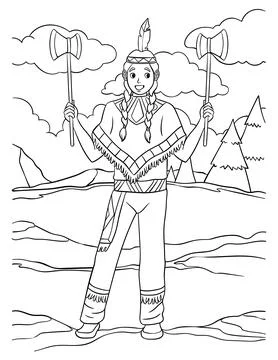 Native American Indian With Tomahawk Coloring Page Stock Illustration