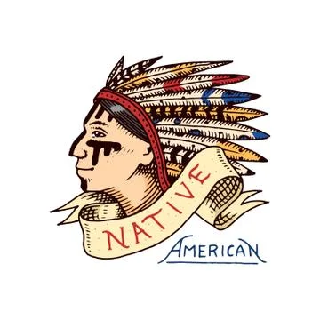 Native american. old red skinned indian. label and badge. cherokee or apache Stock Illustration