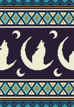 Native american pattern of wolfs and moons Illustrazione stock