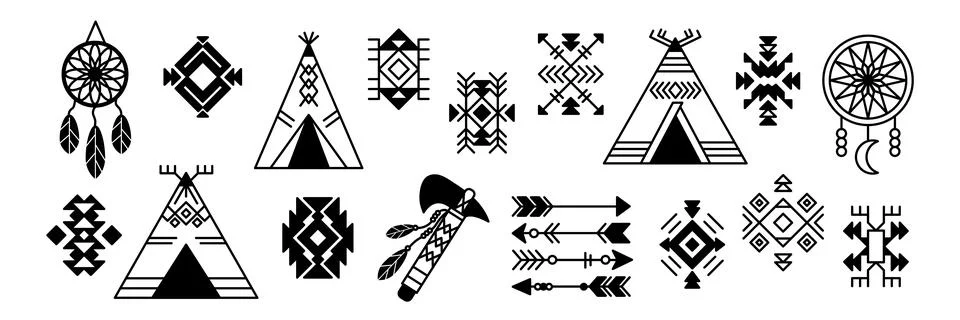 Native American patterns. Indian teepee. Geometric motifs. Dream catchers with Stock Illustration